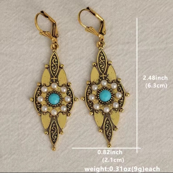 Victorian Gold Filigree Drop Earrings with Turquoise & Pearl Accents - Picture 5 of 6